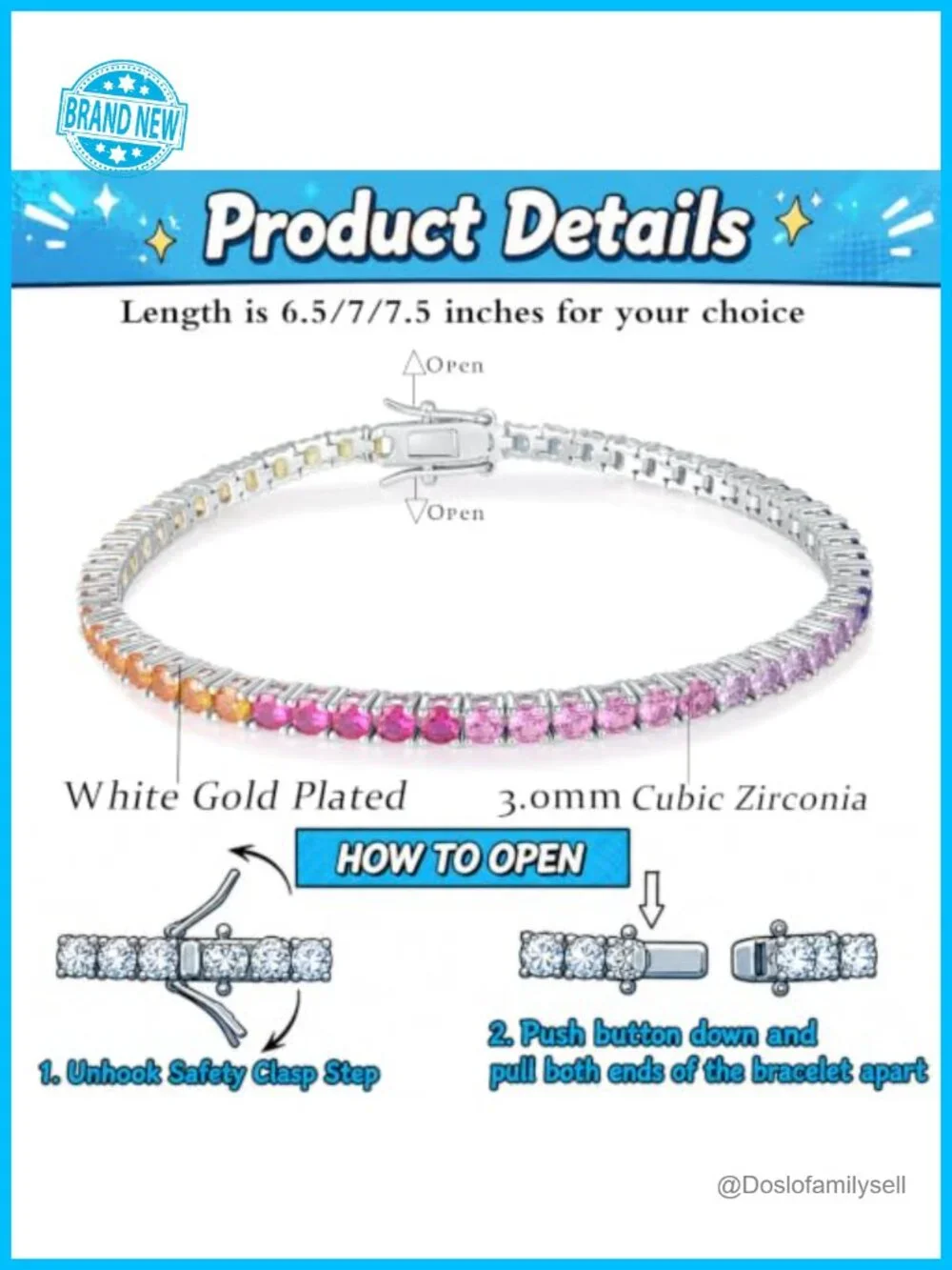 Rainbow 3mm Cubic Zirconia Silver Tone Tennis Bracelet 6.5 or 7 Inch